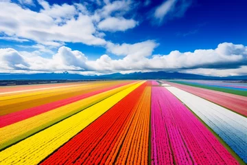 Keuken spatwand met foto Aerial view of colorful tulip fields. © Michael