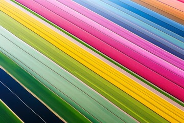 Aerial view of colorful tulip fields.