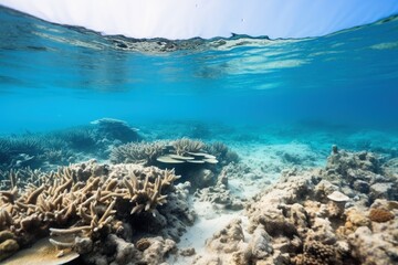 An almost dead coral reef under water.