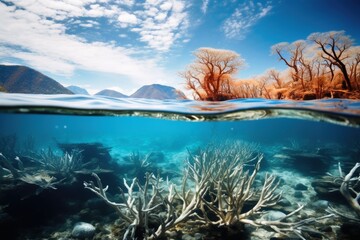 Fototapeta na wymiar An almost dead coral reef under water.