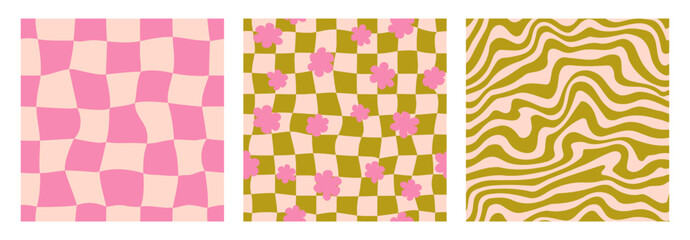 Groovy seamless background set. Repeating retro wave, daisies and checkered pattern collection. Vintage psychedelic checkerboard wallpapers. Distorted pink and green backdrop in 60s, 70s style. Vector