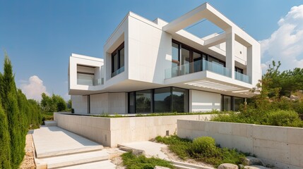 Fototapeta na wymiar Modern Real Estate Exterior Architecture of Luxury Home in Beautiful Villa, generative ai