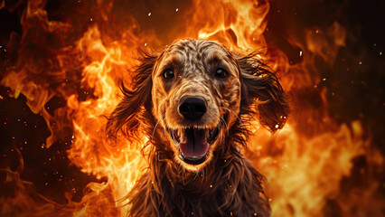 Illustration angry dog with red eyes in flames background - obrazy, fototapety, plakaty
