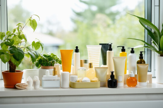 Numerous cosmetic and beauty products in a wellness bathroom.