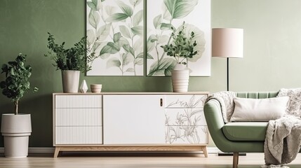 Warm and Cozy Composition of Spring Living Room Interior with Mock Up Poster Frame Wooden Sideboard White Sofa Green Stand Base with Leaves Plants and Stylish Lamp Home Decor