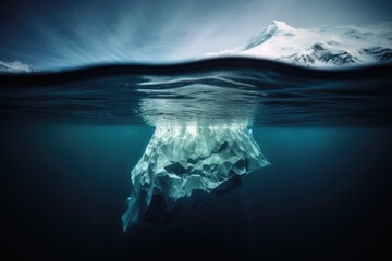 Underwater shot of an iceberg floating in water.