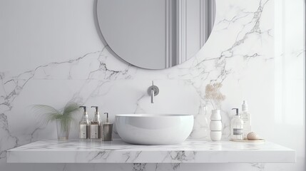 White Bathroom Interior Empty Marble Table Top for Product Display with Blurred Bathroom Interior Background Digital Art