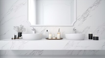 White Bathroom Interior Empty Marble Table Top for Product Display with Blurred Bathroom Interior Background Digital Art