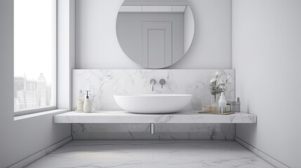 Fototapeta na wymiar White Bathroom Interior Empty Marble Table Top for Product Display with Blurred Bathroom Interior Background Digital Art