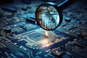 View with a magnifying glass on a modern circuit board. - obrazy, fototapety, plakaty