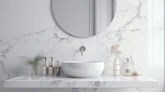 White Bathroom Interior Empty Marble Table Top for Product Display with Blurred Bathroom Interior Background Digital Art