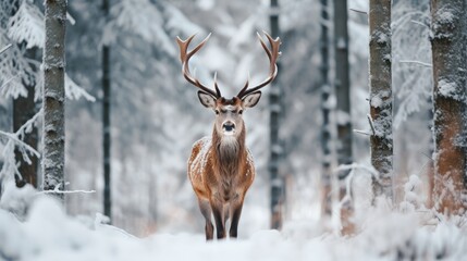 close-up of a deer in a snow-covered forest