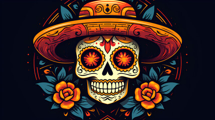 Illustrations of Mexican skulls decorated with makeup, tattoos and flowers. Skulls decorated with flowers for Halloween and the day of the dead.