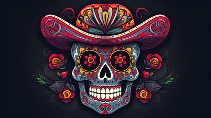 Obraz premium Illustrations of Mexican skulls decorated with makeup, tattoos and flowers. Skulls decorated with flowers for Halloween and the day of the dead.