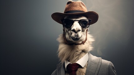 a stylish snapshot showcasing a refined llama donning a cap and enjoying a pipe against a...