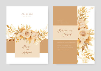 Brown and beige rose modern wedding invitation template with floral and flower
