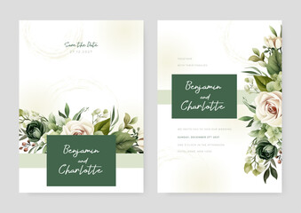 White and green rose modern wedding invitation template with floral and flower