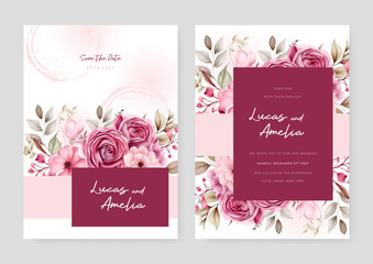 Pink rose and peony modern wedding invitation template with floral and flower © SyahCreation
