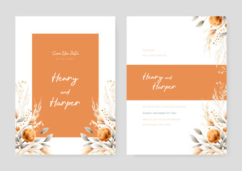 Fototapeta na wymiar Orange marigold modern wedding invitation template with floral and flower