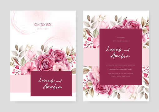 Pink rose and peony modern wedding invitation template with floral and flower