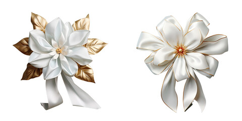 Png Set White fabric flower with golden bow on a transparent background