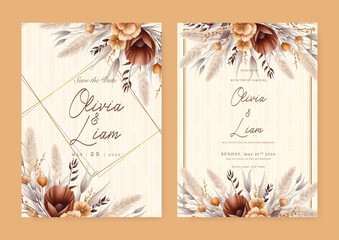 Brown and beige peony modern wedding invitation template with floral and flower