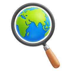 Cartoon magnifying glass with planet Earth 3d vector icon on transparent background. Research the planet. Exploring the world and global search concept. PNG file