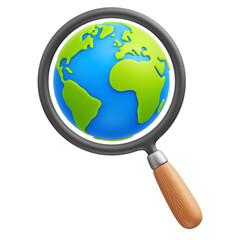 Cartoon magnifying glass with planet Earth 3d vector icon on transparent background. Research the planet. Exploring the world and global search concept. PNG file