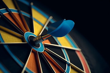 Blue and yellow dartboard with dart in the center Business dartboard concept, close up
