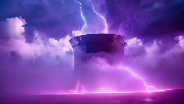 An eerily close view of a churning cauldron of grey, blue, and purple clouds, with lightning flashing across its depths.