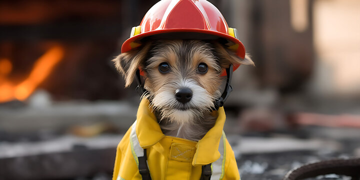 Firefighter puppy dog, with firefighter suit and helmet