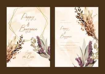 Colorful leave modern wedding invitation template with floral and flower