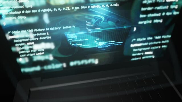  Spinning laptop with programming code on screen frame. Modern rotating digital animation