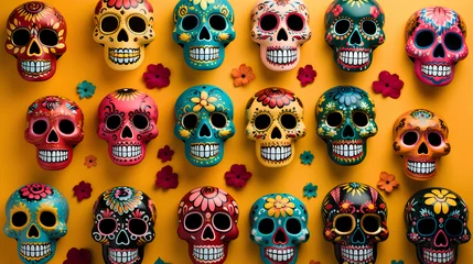 Fotobehang Schedel Backgrounds of original, colorful Mexican skulls with flowers. Backgrounds of Mexican skulls decorated for Halloween and the Day of the Dead.