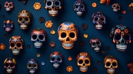 Fototapete Schädel Backgrounds of original, colorful Mexican skulls with flowers. Backgrounds of Mexican skulls decorated for Halloween and the Day of the Dead.