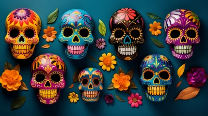 Fotobehang Schedel Backgrounds of original, colorful Mexican skulls with flowers. Backgrounds of Mexican skulls decorated for Halloween and the Day of the Dead.