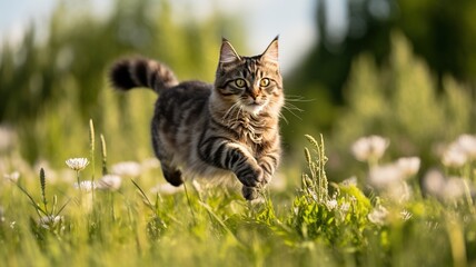 Naklejka na ściany i meble A Side View of a Cat in Playful Motion Across a Field of Nature - Embracing the Joys of Outdoor Adventure