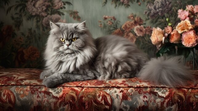 Fluffy Gray Persian Cat Lounging on a Soft Velvet Sofa in Cozy Home Interior