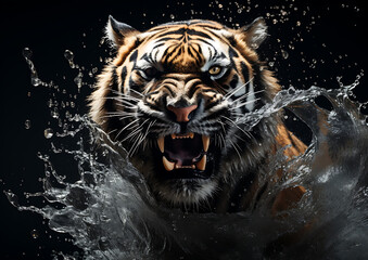 angry tiger charging at camera, water splash, black background, generative ai