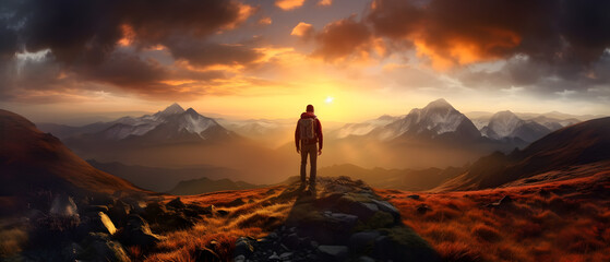 A lonely hiker enjoy the beautiful sunset panorama on top of a mountain, sunset mountain view, generative ai  - obrazy, fototapety, plakaty