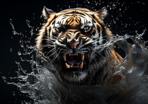 angry tiger charging at camera, water splash, black background, generative ai