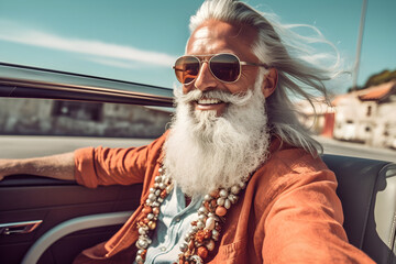 Old men with white beard and long hair on a Italian road trip, generative ai 