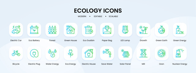 Ecology icon collection with blue and green gradient outline style. ecology, eco, symbol, green, nature, line, collection. Vector Illustration