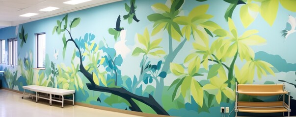 The details of naturebased mural on the wall of palliative care room. Bold strokes of paint creating verdant trees and blue skies, aiming to provide pleasing and relaxed environment amidst