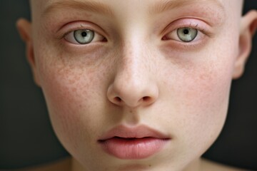 Fototapeta premium closeup reveals an individual up as they share their personal journey with cancer. Despite the visible strain, resilience and determination are also noticeable on their face, offering