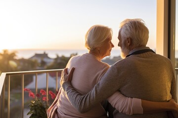 elderly couple, leaning on each other, look out to the horizon from their balcony in hoe. His hand gently holding hers, her head resting on his shoulder, testament to their unwavering