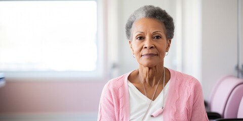 older, AfricanAmerican woman sitting alone in doctors office waiting room, representing the struggles of racial and ethnic minorities in accessing quality cancer care. - obrazy, fototapety, plakaty