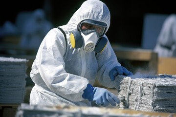 industrial worker handling asbestos without protective gear, symbolizing occupational hazards in industries contributing to mesothelioma. - obrazy, fototapety, plakaty