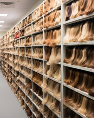 Shelves filled with numerous wigs of various styles and shades, serving as beacon of hope for those wanting to enhance their confidence and physical appearance during patients cancer journey.