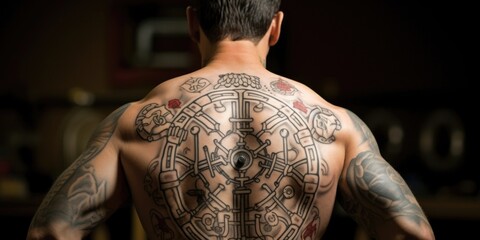 view from the back shows mans robust tattoo, marking the anatomical tumor position he had for kidney cancer. He is seen lifting weights, symbol of strength and dedication towards maintaining
